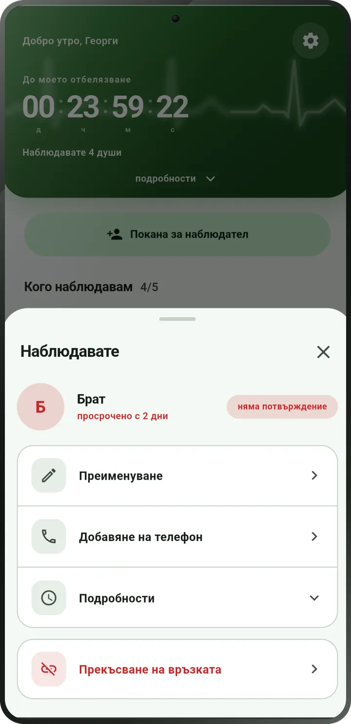 Екран на наблюдавания: check-in е просрочен, отбелязан като без потвърждение.