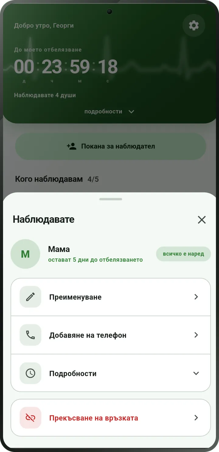 Екран на наблюдавания: отбелязал се е, статус «всичко е наред».