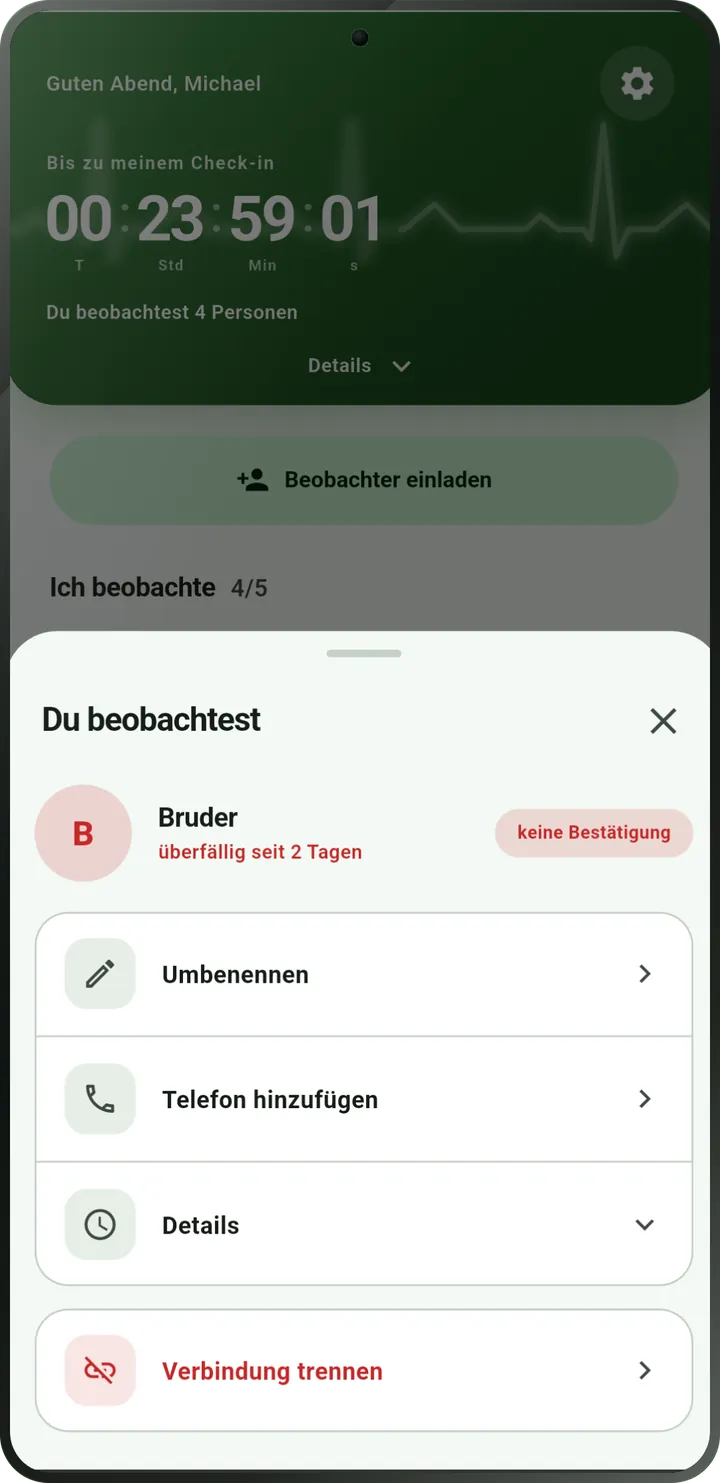 Bildschirm der beobachteten Person: Der Check-in ist überfällig, markiert als nicht bestätigt.