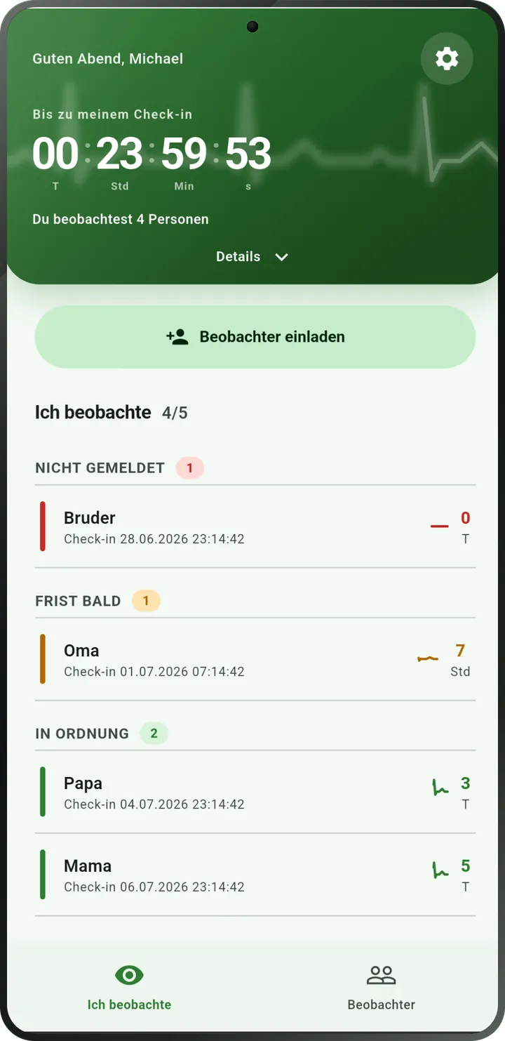 Startbildschirm von I'm Alive: Countdown bis zu deinem nächsten Check-in und die Liste der Menschen, die du beobachtest.