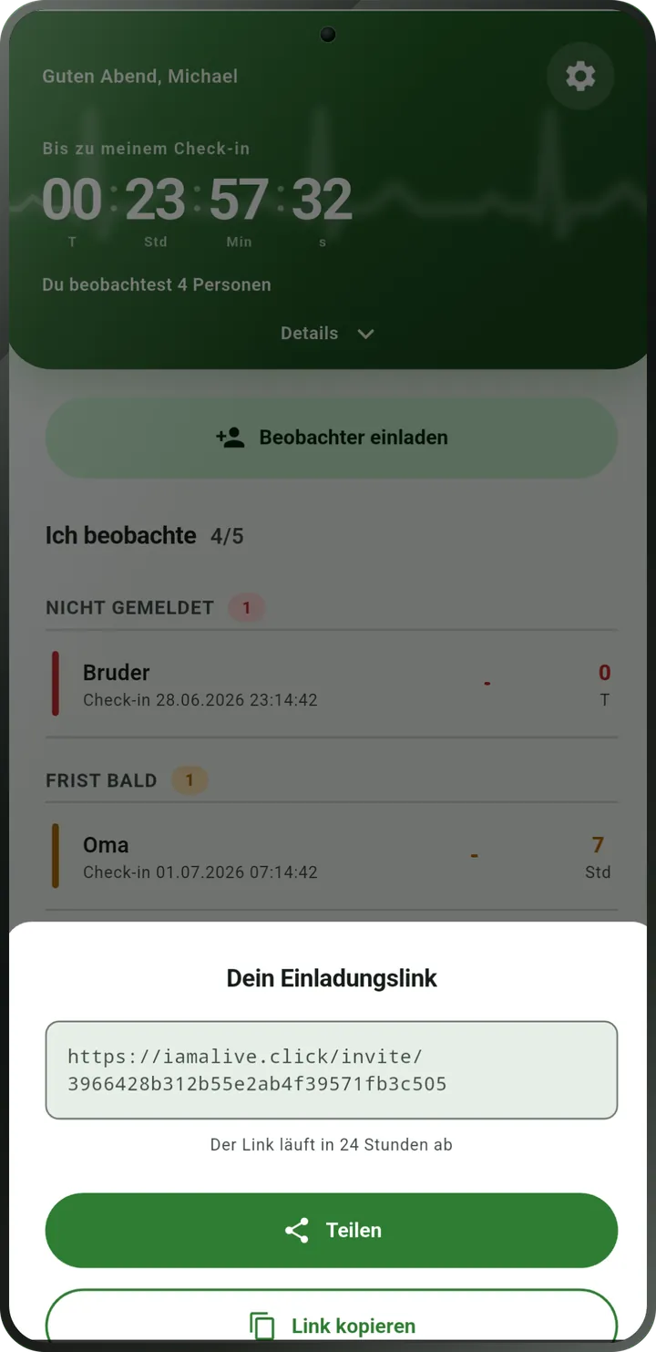 Einladungsbildschirm: Link für den Beobachter mit den Schaltflächen „Teilen“ und „Link kopieren“.