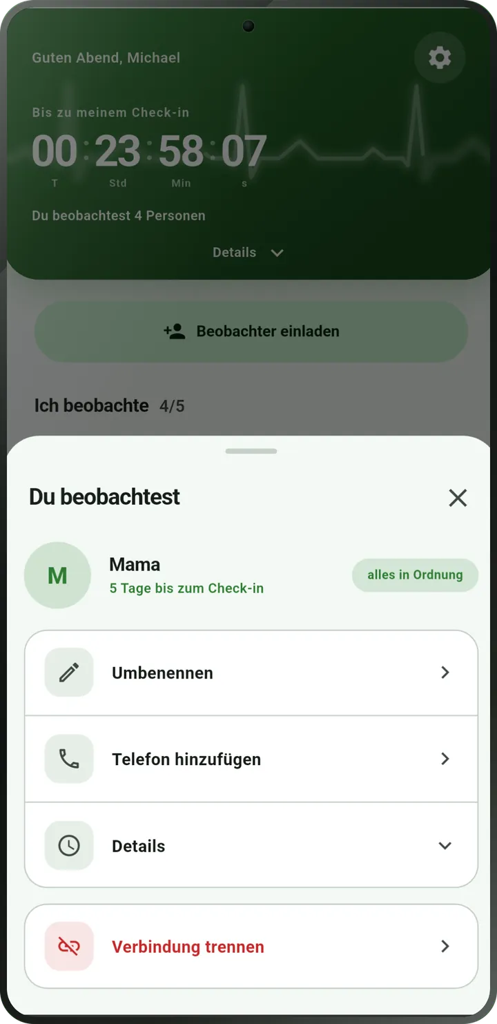 Bildschirm der beobachteten Person: Sie hat eingecheckt, Status „alles in Ordnung“.