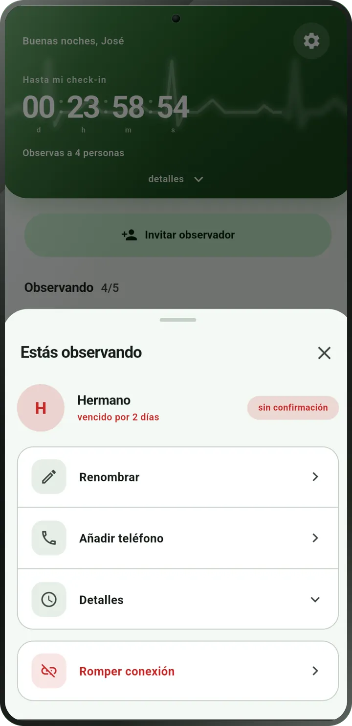 Pantalla de la persona observada: su check-in está vencido, marcado como sin confirmar.