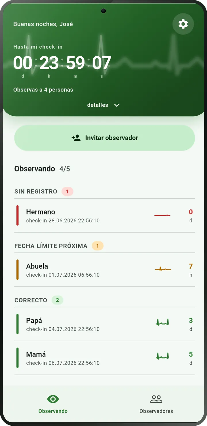 Pantalla principal de I'm Alive: cuenta atrás hasta tu próximo check-in y lista de las personas a las que observas.