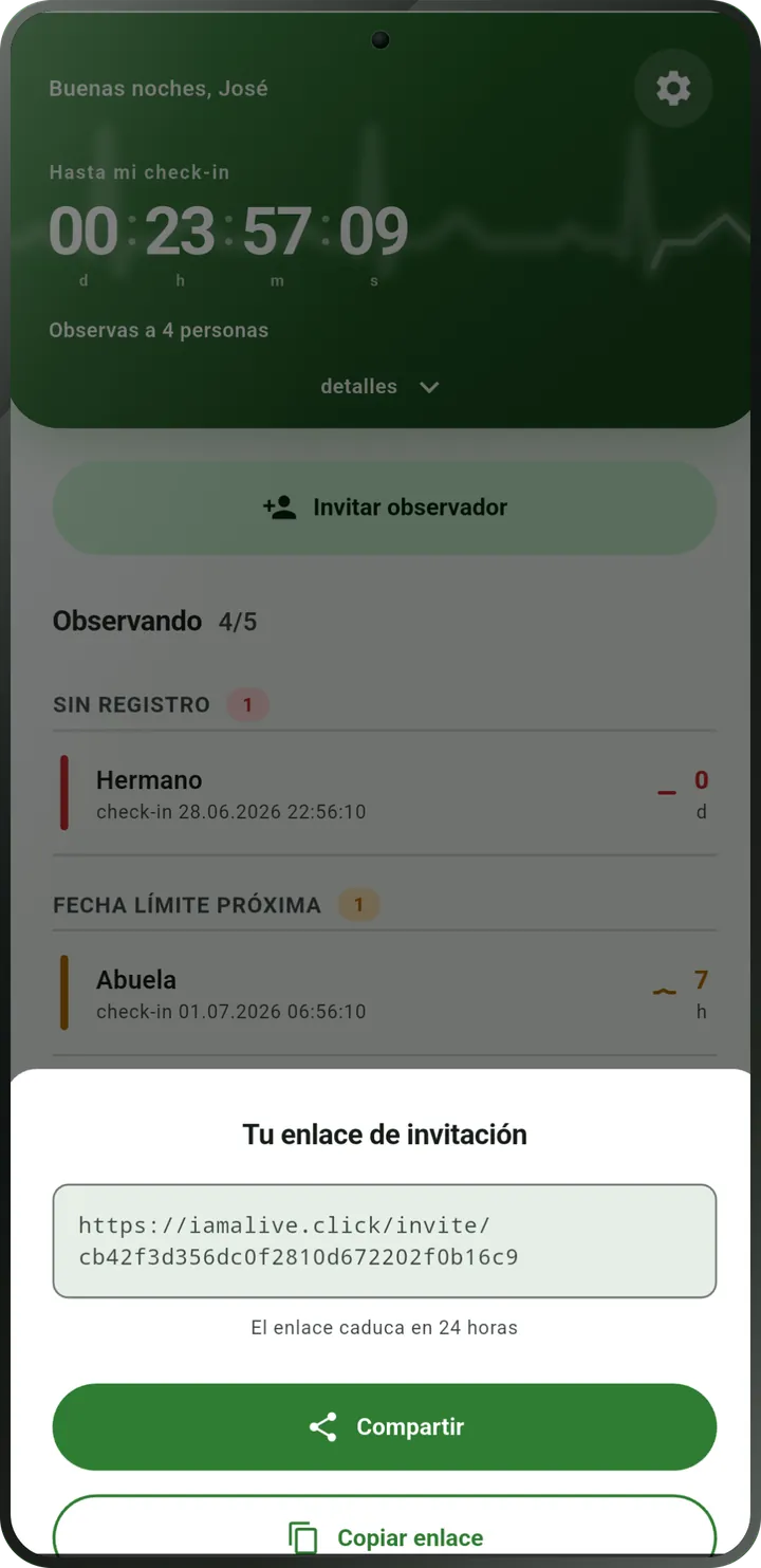 Pantalla de invitación: enlace para el observador con los botones «Compartir» y «Copiar enlace».