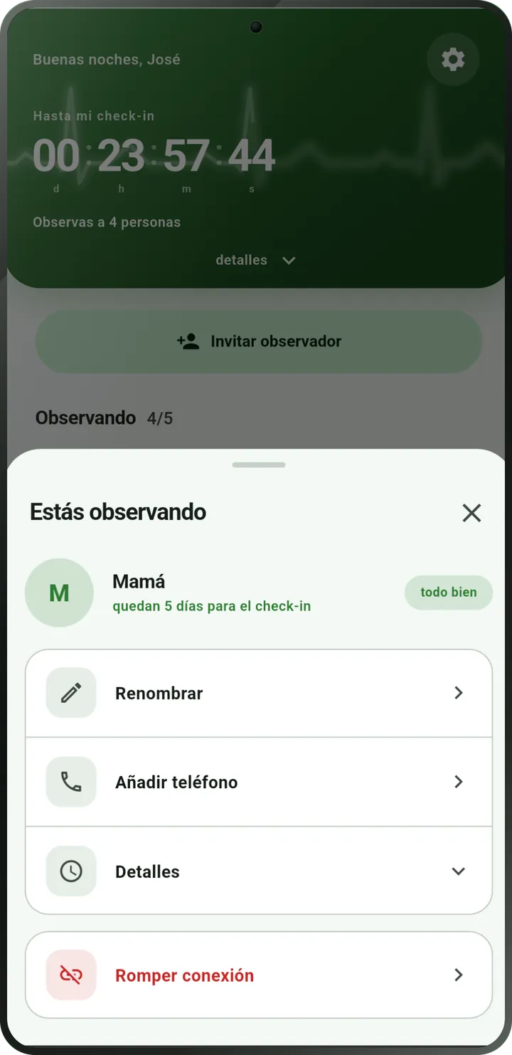 Pantalla de la persona observada: hizo su check-in, estado «todo en orden».