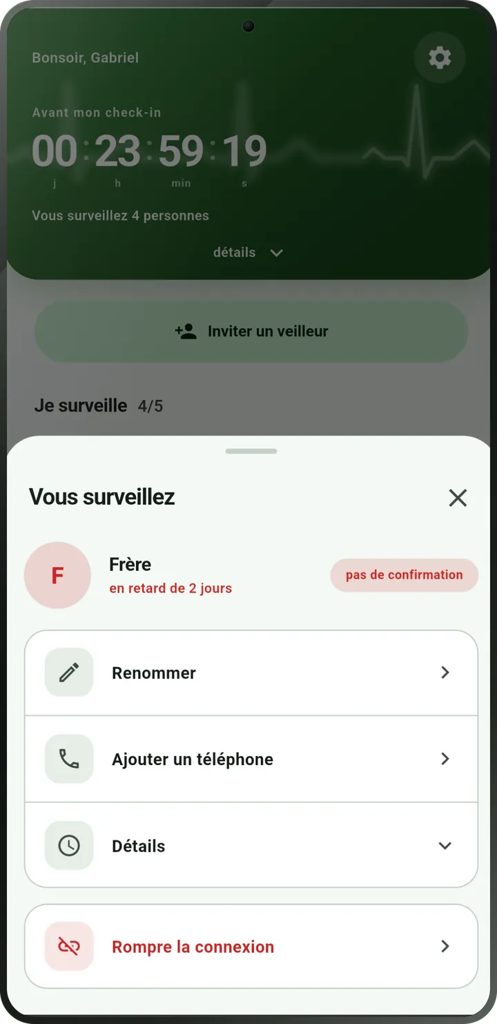 Écran de la personne veillée : le check-in est en retard, indiqué comme non confirmé.