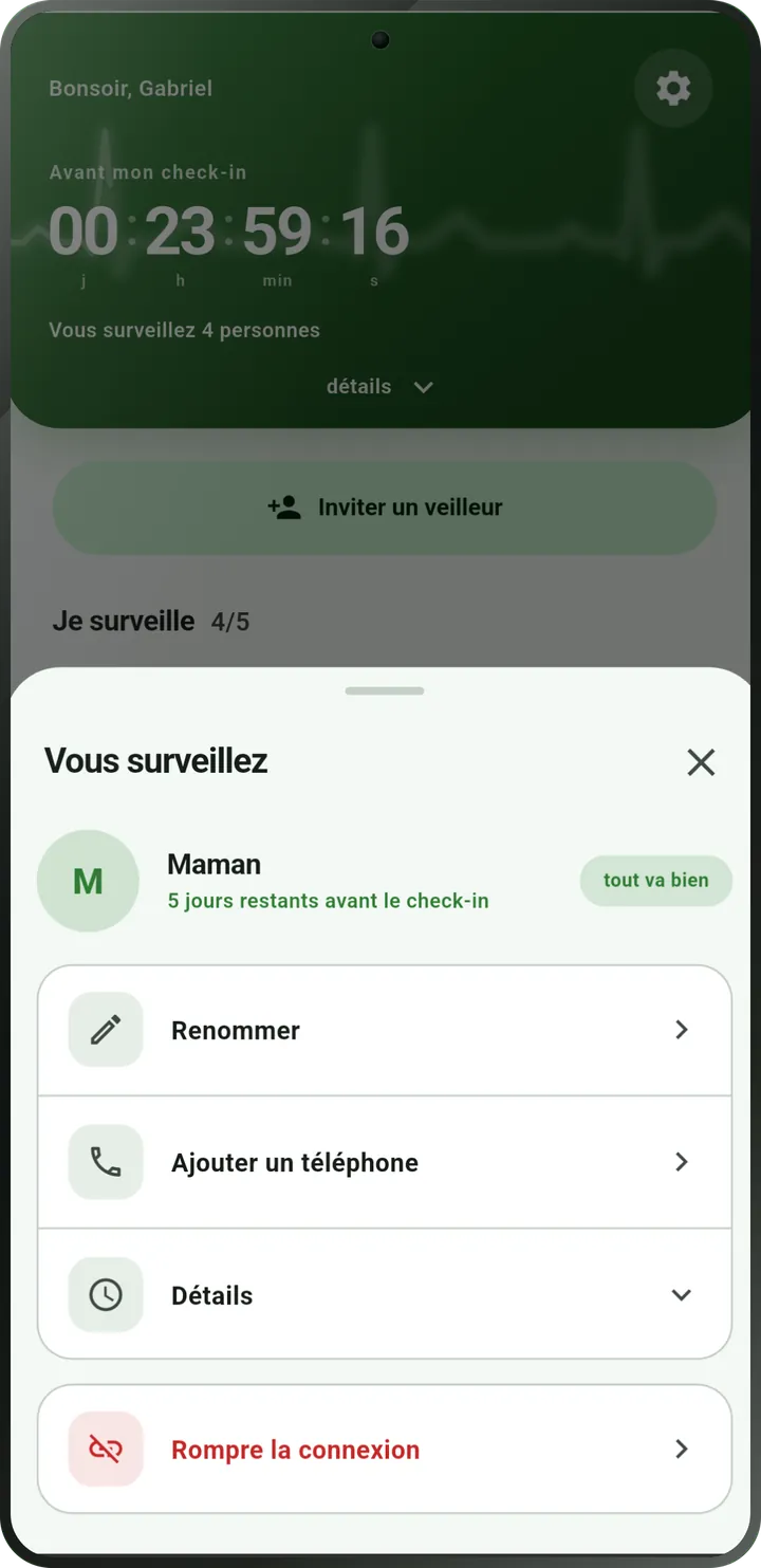 Écran de la personne veillée : elle a fait son check-in, statut « tout va bien ».