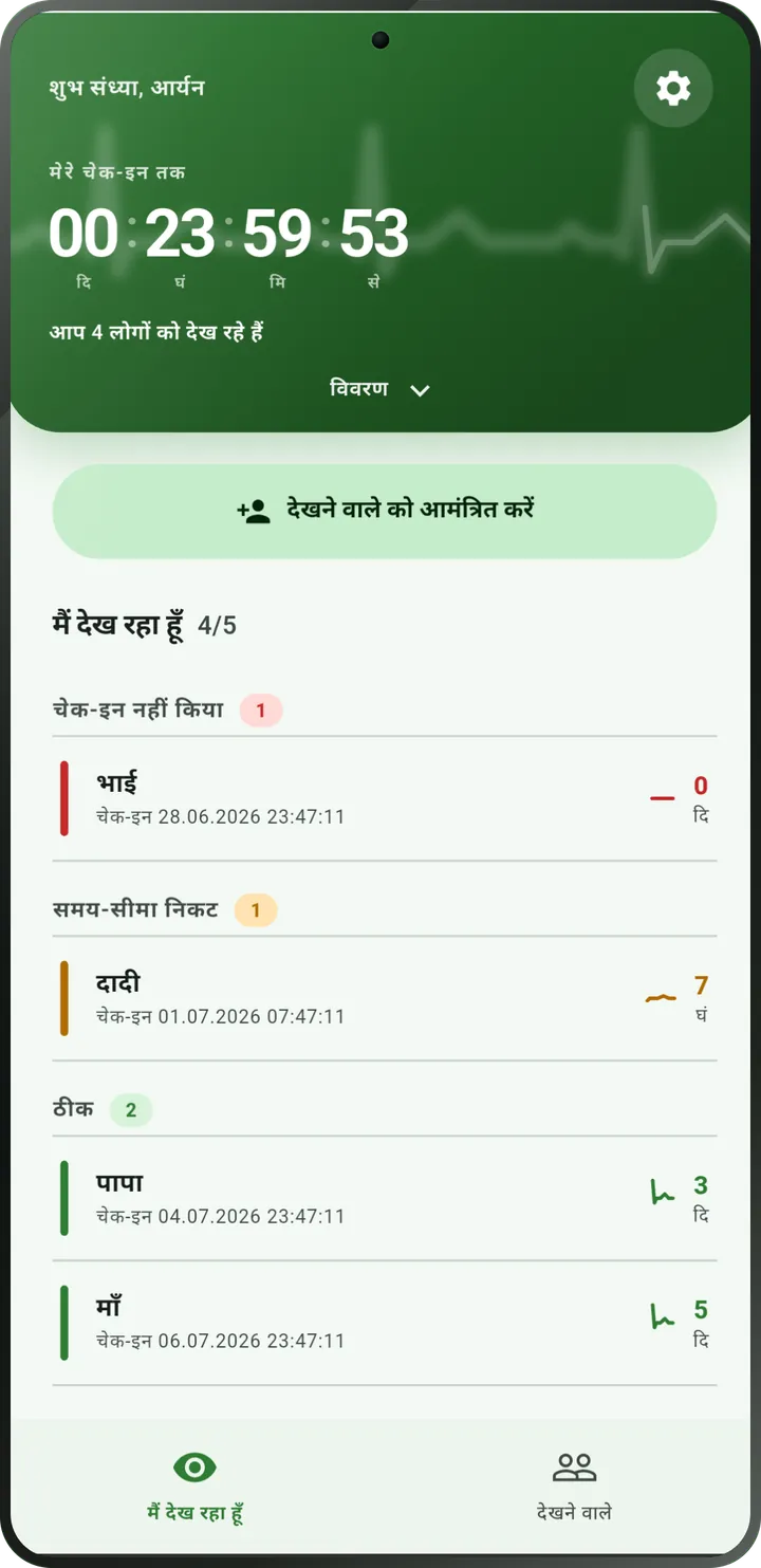 I'm Alive की मुख्य स्क्रीन: आपके अगले चेक-इन तक की उलटी गिनती और जिन लोगों को आप देखते हैं उनकी सूची।