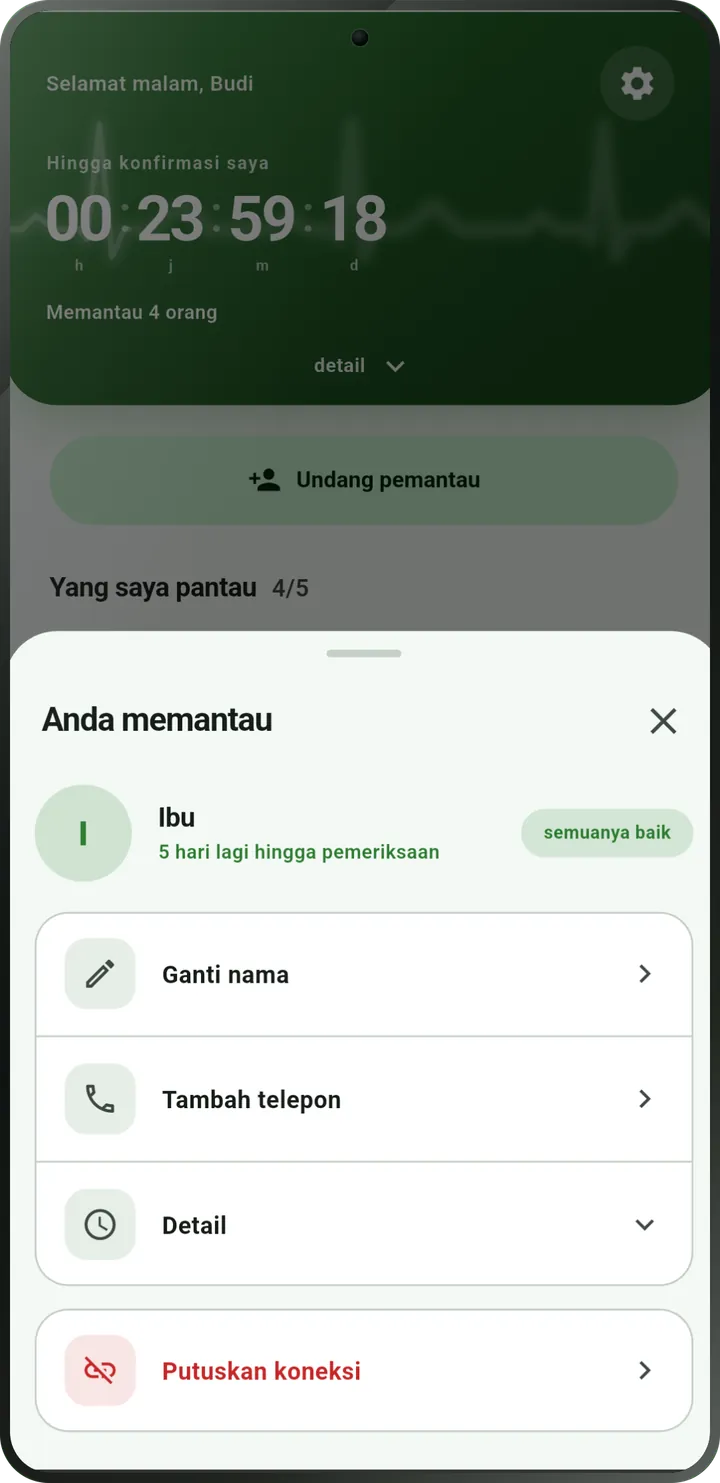 Layar orang yang dipantau: sudah check-in, status «semua baik».