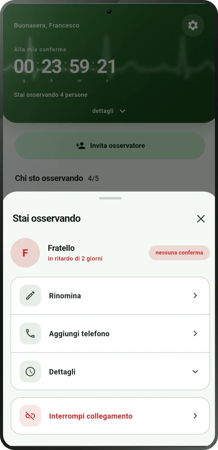 Schermata della persona osservata: il check-in è scaduto, segnalato come non confermato.