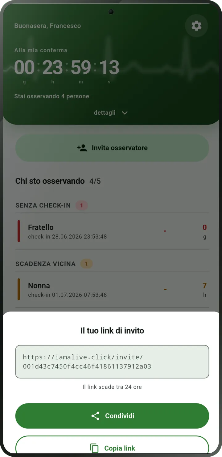 Schermata di invito: link per l’osservatore con i pulsanti «Condividi» e «Copia link».