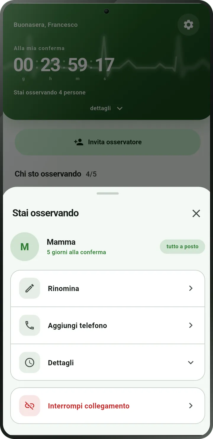 Schermata della persona osservata: ha fatto il check-in, stato «tutto a posto».