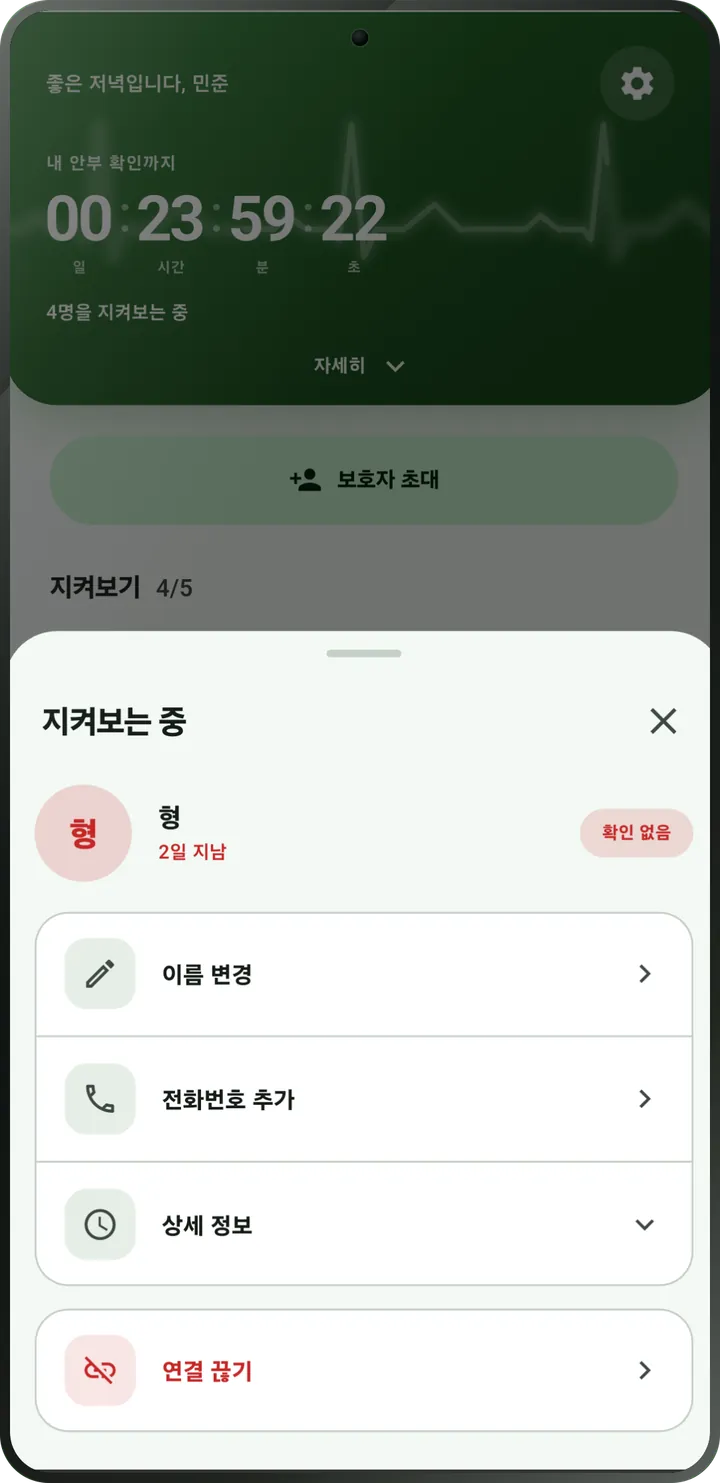 지켜보는 사람 화면: 체크인 기한이 지났고 확인되지 않음으로 표시됩니다.