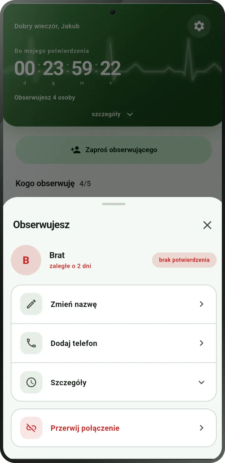 Ekran obserwowanej osoby: zameldowanie zaległe, oznaczone jako niepotwierdzone.