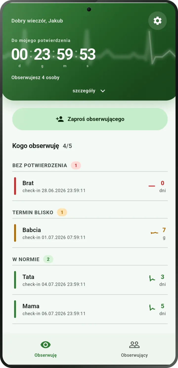 Ekran główny I'm Alive: odliczanie do następnego zameldowania i lista osób, które obserwujesz.