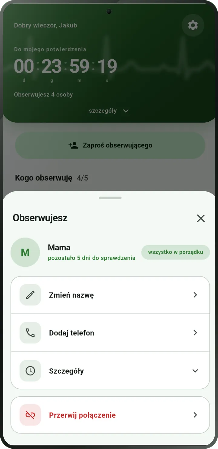 Ekran obserwowanej osoby: zameldowała się, status «wszystko w porządku».