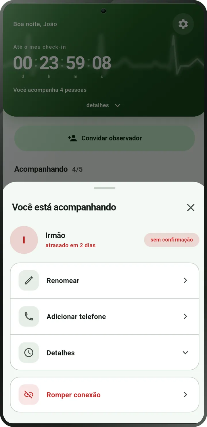 Tela da pessoa observada: o check-in está atrasado, marcado como sem confirmação.