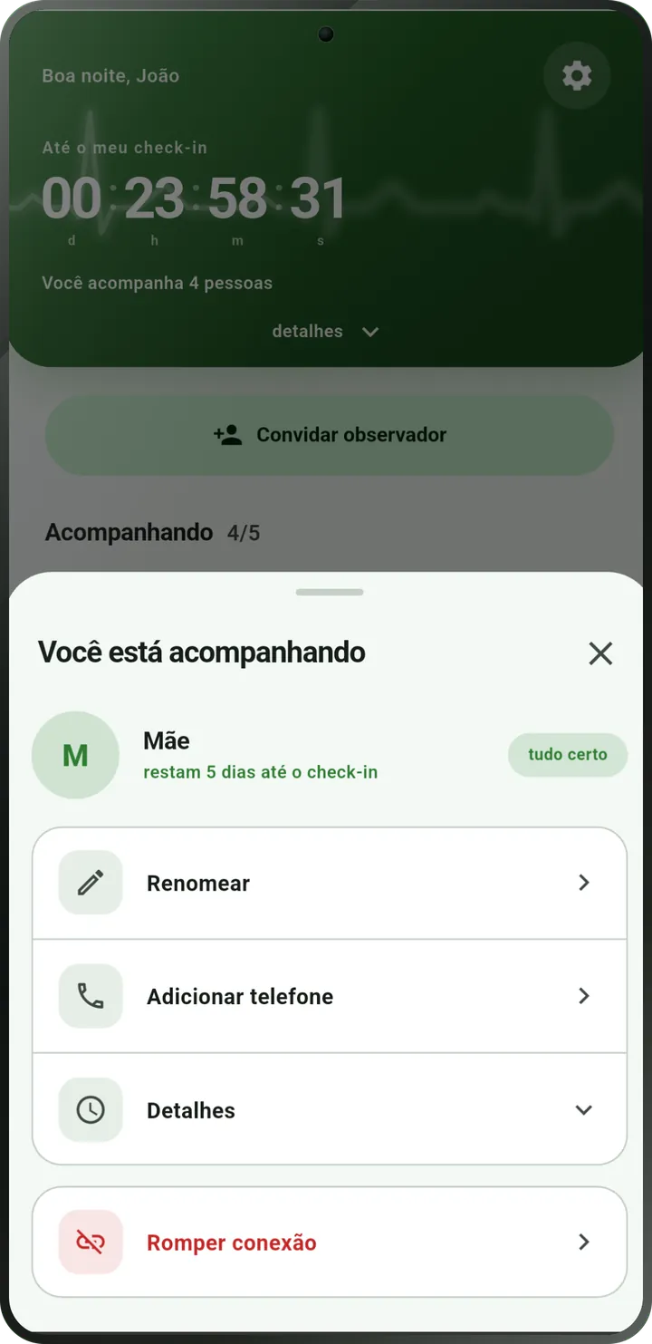 Tela da pessoa observada: a pessoa fez check-in, status «está tudo bem».