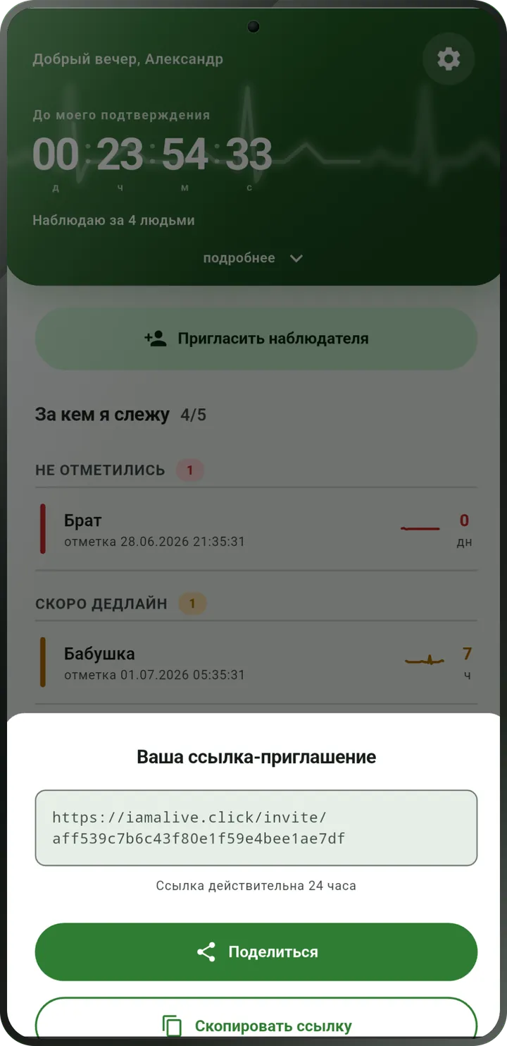 Экран приглашения: ссылка для наблюдателя с кнопками «Поделиться» и «Скопировать ссылку».