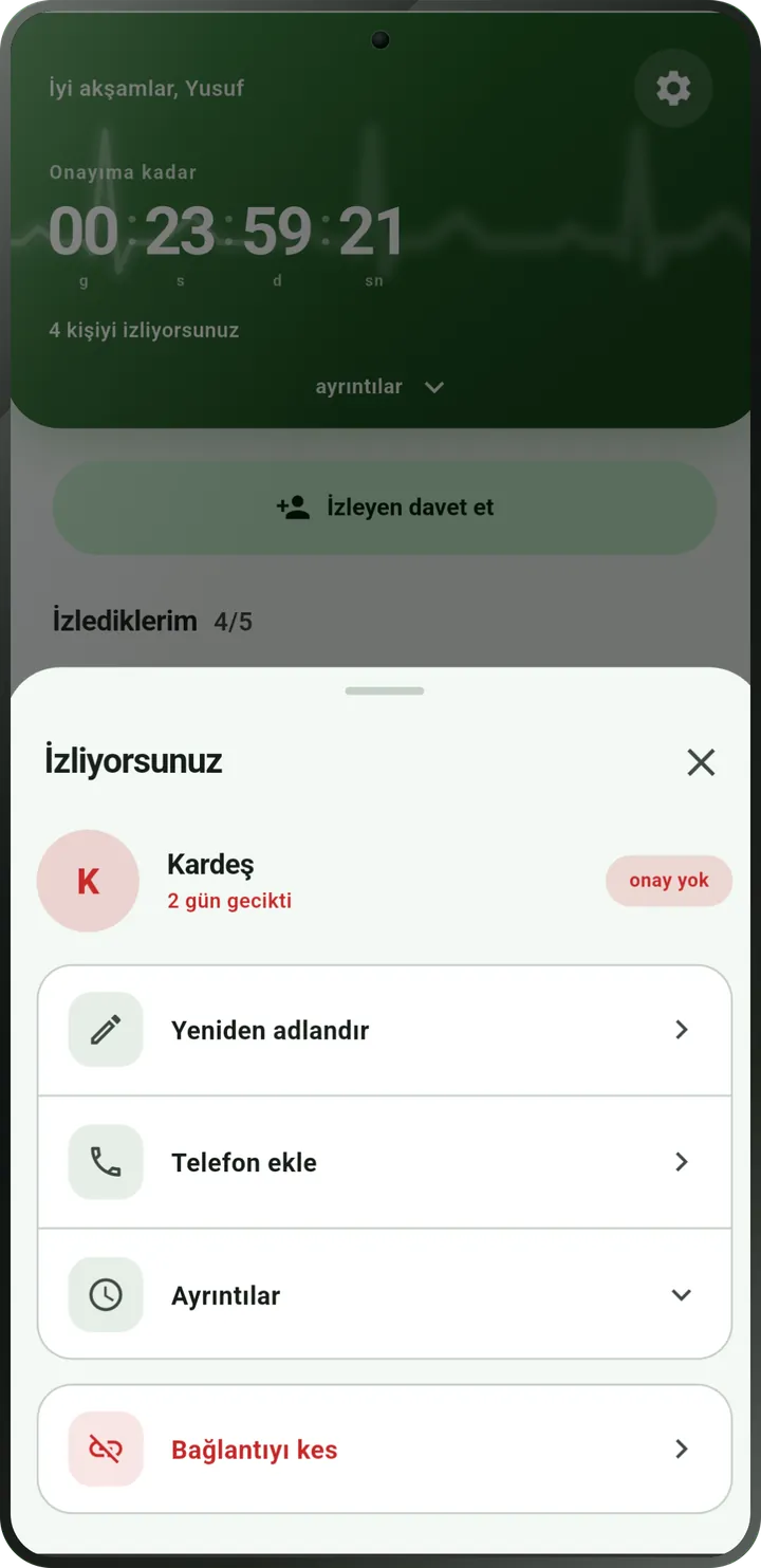 Gözlenen kişinin ekranı: check-in gecikmiş, onaylanmadı olarak işaretli.