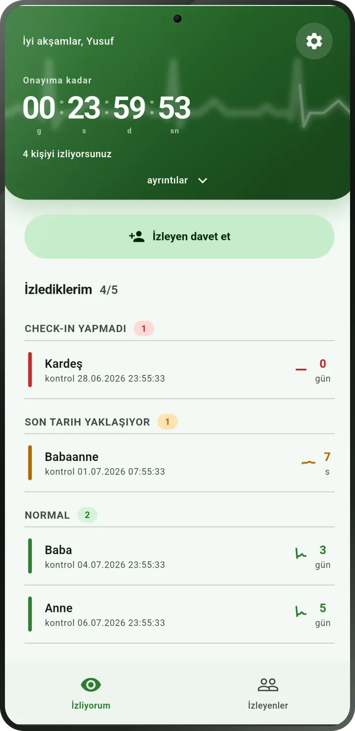 I'm Alive ana ekranı: bir sonraki check-in’inize kalan süre ve gözlediğiniz kişilerin listesi.