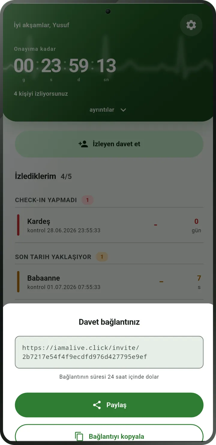 Davet ekranı: gözlemci için bağlantı ve «Paylaş», «Bağlantıyı kopyala» düğmeleri.