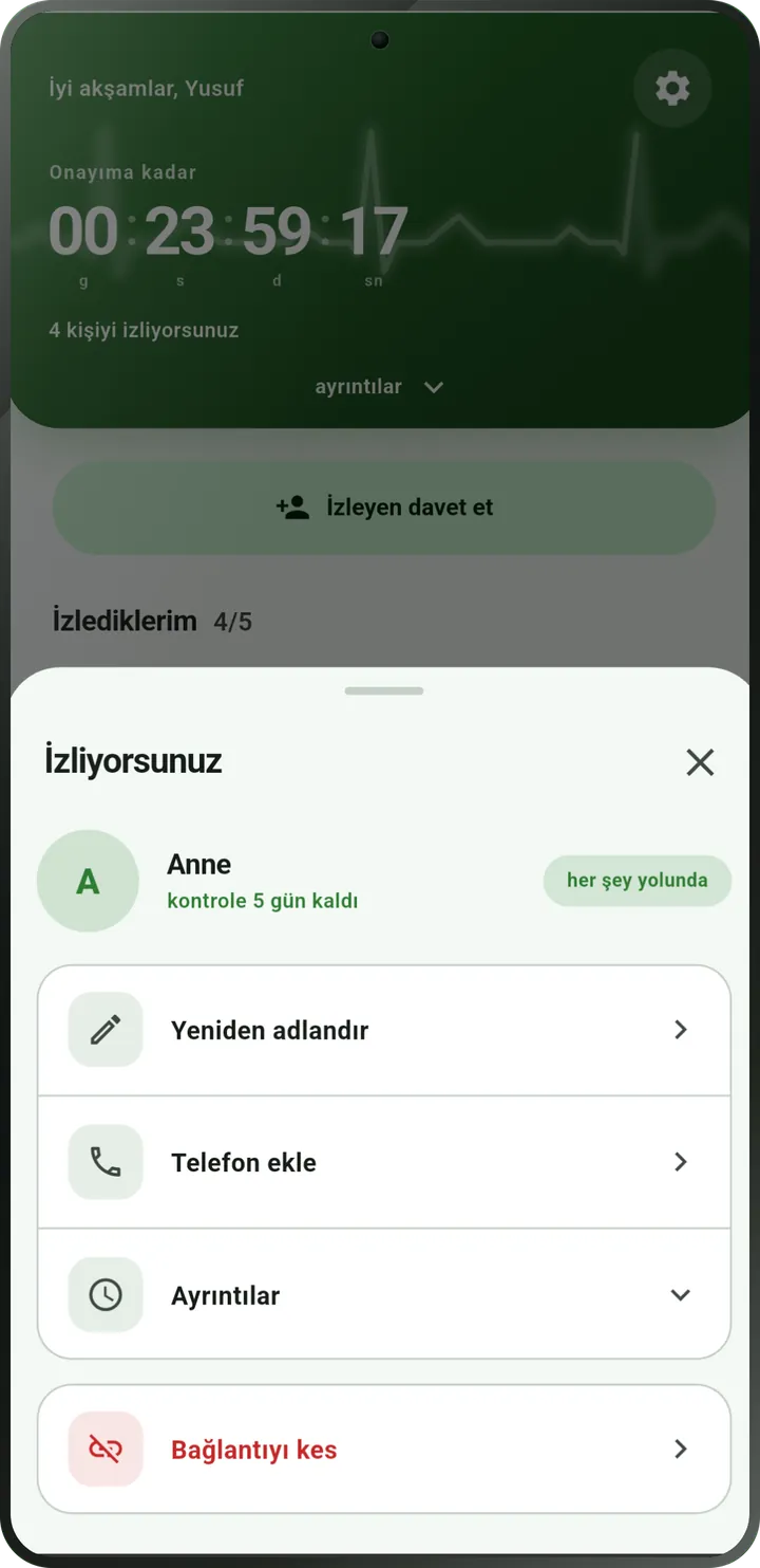 Gözlenen kişinin ekranı: check-in yapılmış, durum «her şey yolunda».