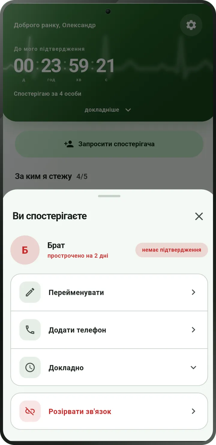 Екран людини, за якою ви спостерігаєте: check-in прострочено, позначено як без підтвердження.