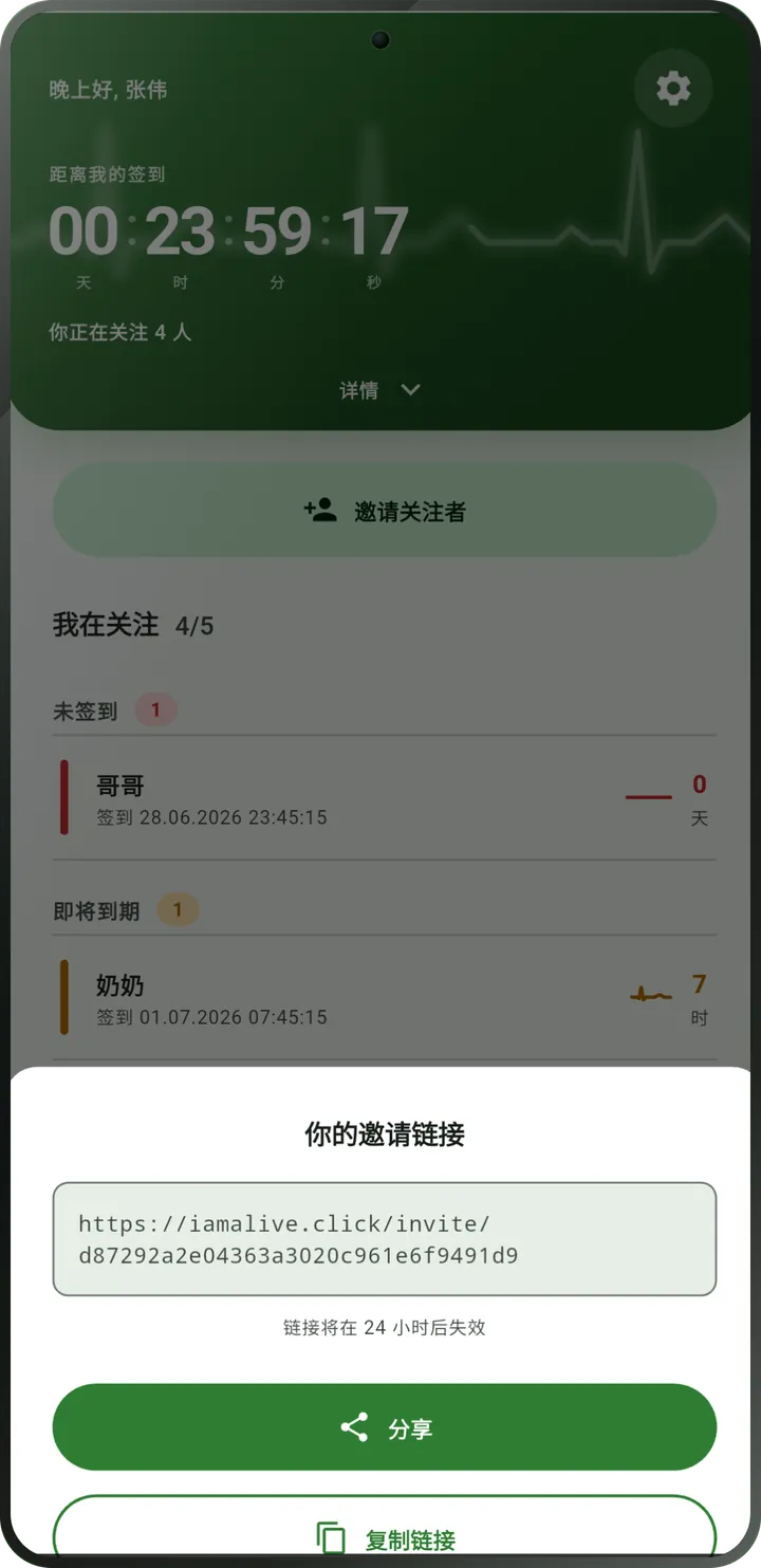 邀请界面：关注者链接，附“分享”和“复制链接”按钮。
